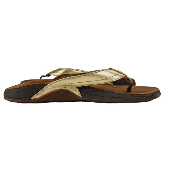 OluKai Womens Flip Flop Sandal sz 5 35 Kumu Gold Brown Leather‎ Rubber Hawaiian - Picture 5 of 10